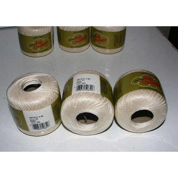 J&P Coats Cotton Knit-Cro-Sheen Crochet Thread 6pc lot New Color: 61 Ecru (#1) - Picture 3 of 4